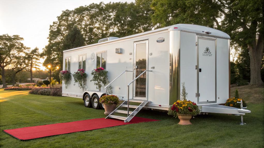 A White Mobile Restroom Trailer, Adorned With Potted Flowers And A Red Carpet, Is Parked On A Grassy Area Near Trees. A Small Ramp Guides Guests To The Entrance, Making It Perfect For Events.
