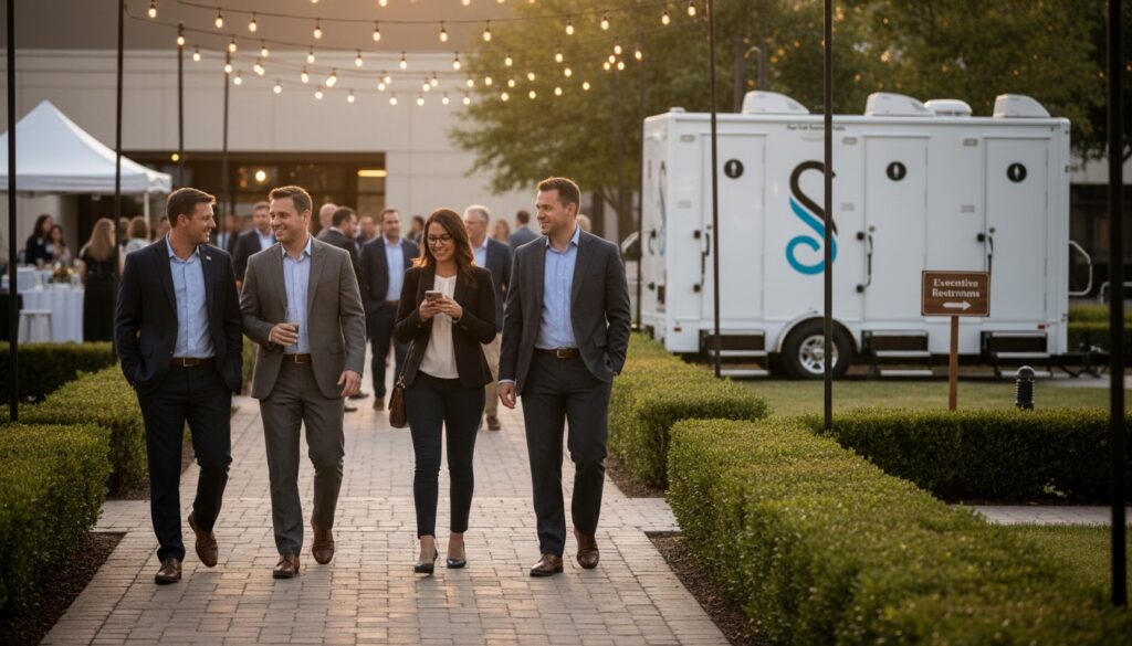 Four people in business attire walk and talk at an outdoor event with string lights, a white professional restroom facilities trailer, and other attendees in the background.