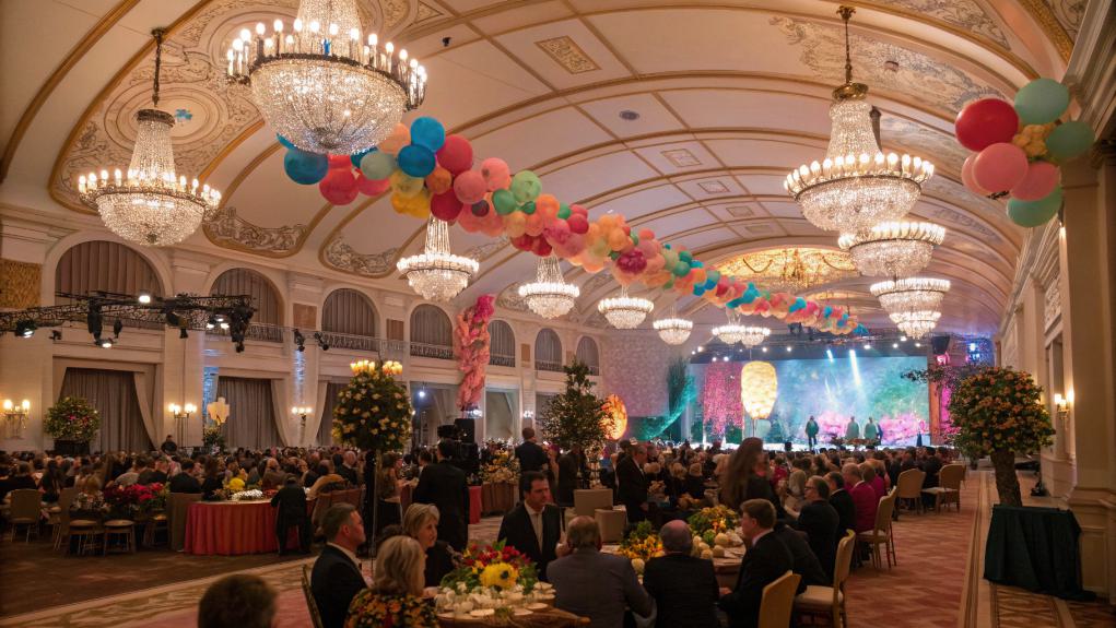 The Grand Ballroom Event, A Popular Wedding Venue, Features Large Chandeliers And Colorful Balloon Decorations. Guests Are Seated At Round Tables, Enjoying The Ambiance As The Stage In The Background Lights Up For A Performance Area.