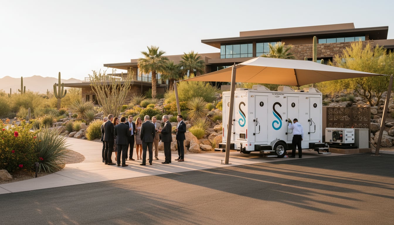 Climate-controlled restroom trailer at desert event with shaded placement and desert resort venue visible