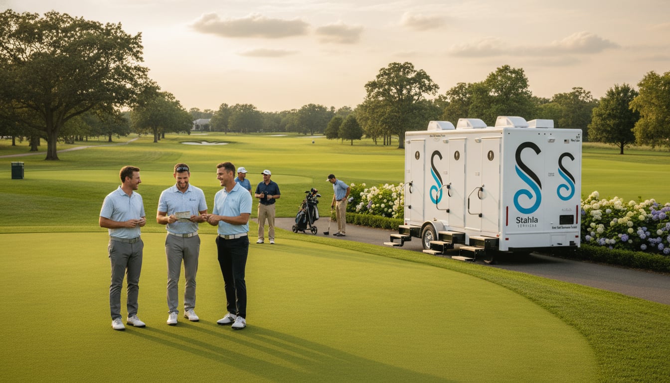 Luxury restroom trailer positioned on golf course with manicured fairway and trees visible in background