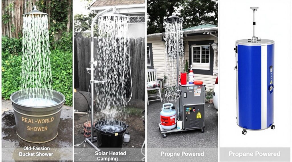 Discover The Ultimate In Portable Showers With Four Options: A Traditional Bucket Shower, A Solar Heated Camping Shower For Energy Efficiency, A Propane Powered Generator Shower, And An Advanced Vertical Propane Powered Shower Heater.