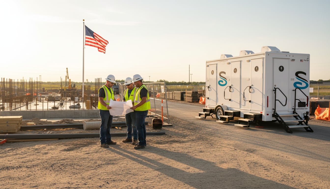 ADA-compliant restroom trailer with accessible ramp at a federal construction site with workers wearing hard hats