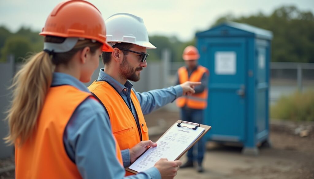Two construction workers in orange safety vests and hard hats review an osha compliance checklist while one points toward a blue portable toilet, ensuring construction site sanitation at the busy jobsite.