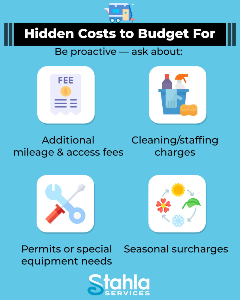 Infographic listing hidden costs to budget for: additional mileage and access fees, cleaning or staffing charges, permits or equipment needs, and seasonal surcharges—key tips from the 2026 pricing guide for luxury porta potty rental.