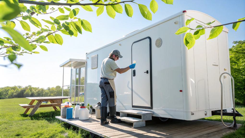 On A Sunny Day, A Person Diligently Cleans The Door Of A Sleek White Restroom Trailer, Ensuring It Remains Fresh And Free Of Stink, While A Picnic Table Sits Gracefully Amidst The Greenery In The Background.