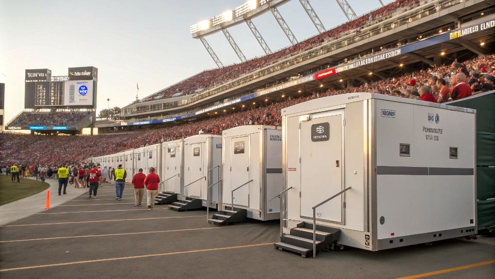 Restroom Trailers Lined Up At A Stadium, With A Crowd Buzzing In The Background Under A Clear Sky, Provide Essential Facilities At Bustling Sporting Events.