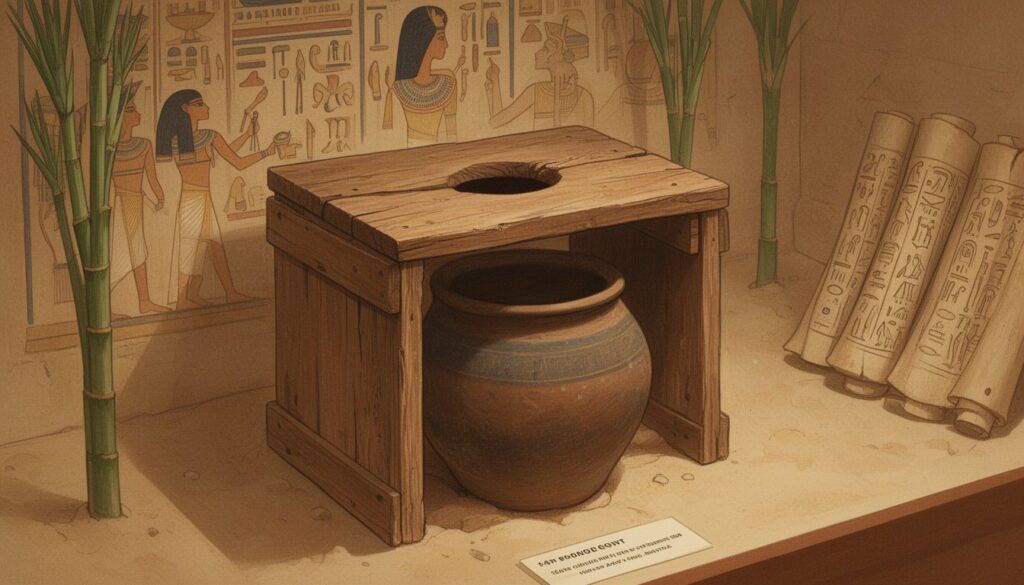 A display of an ancient wooden toilet with a clay pot underneath, set in a museum exhibit with Egyptian artifacts and scrolls in the background.