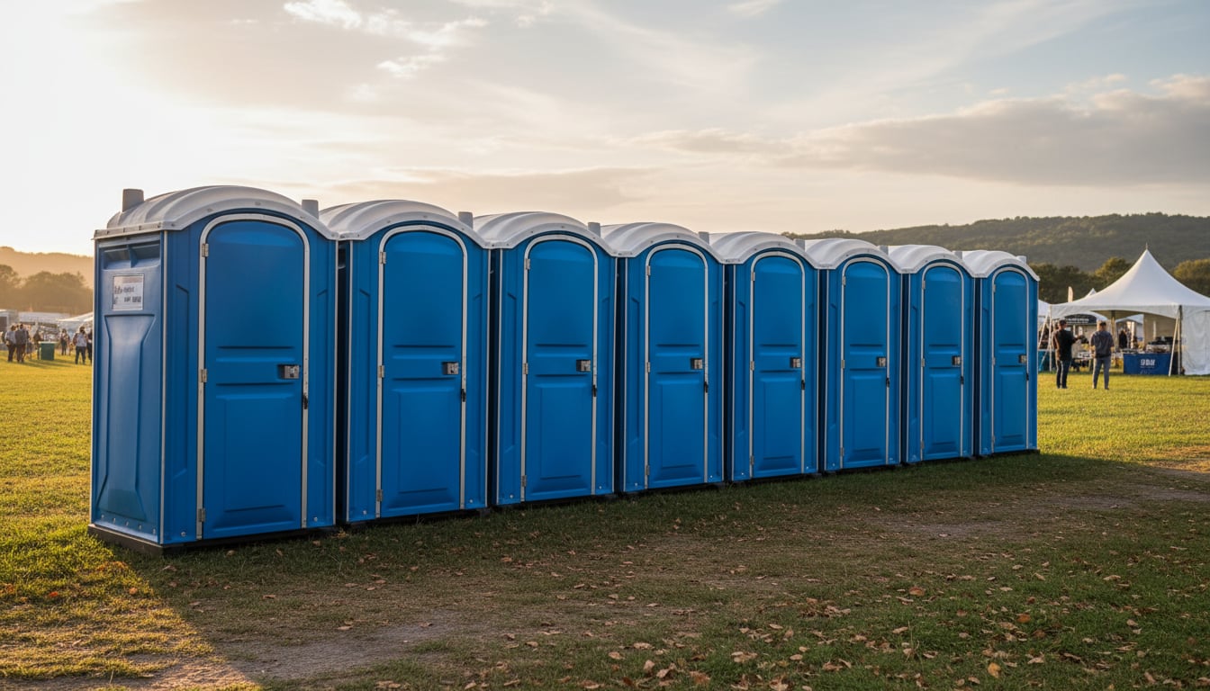 Row of clean standard portable toilets set up at an outdoor event site on a sunny day