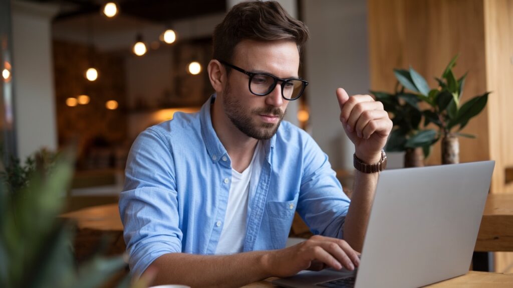 a man wearing glasses and a blue shirt is working on a laptop in a cozy, well lit room with plants and warm lighting, possibly drafting an essential guide.