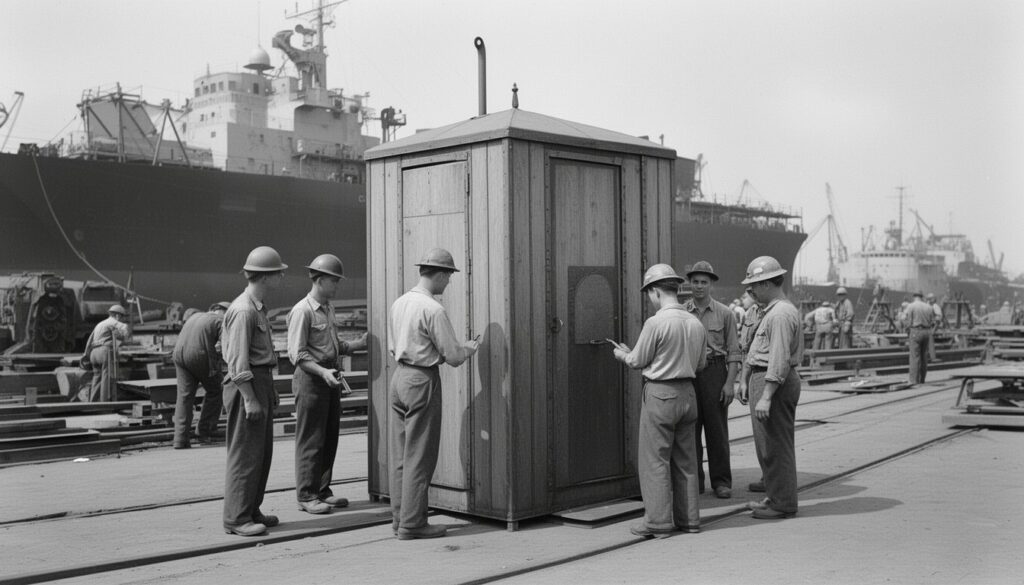 A group of workers in hard hats stand around a wooden shed on a dock, with large cargo ships in the background.