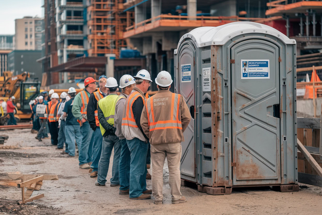 construction workers wearing safety gear stand in line outside cheap portable toilets at bustling construction sites.
