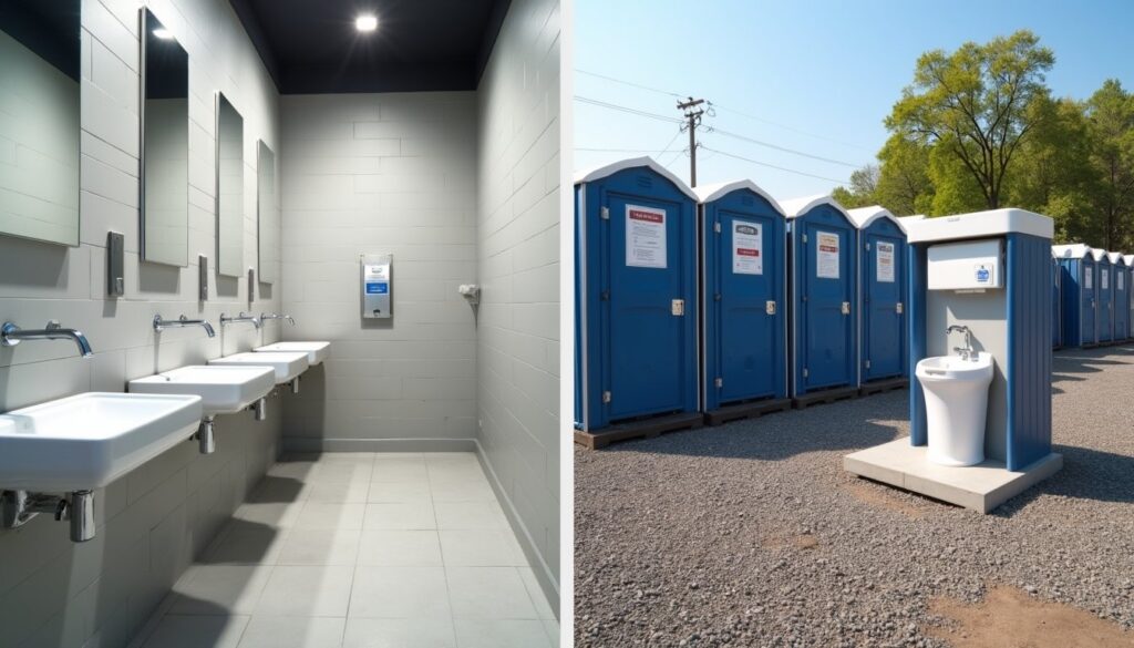 Side by side comparison of an indoor restroom with sinks and mirrors on the left, and osha compliant outdoor portable toilets with a handwashing station for construction site sanitation on the right.