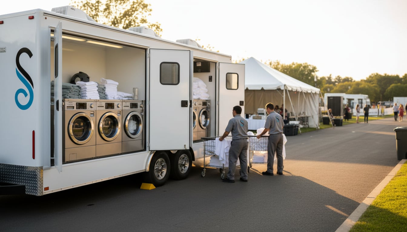 Mobile laundry trailer exterior showing commercial-grade equipment visible through open service windows on location