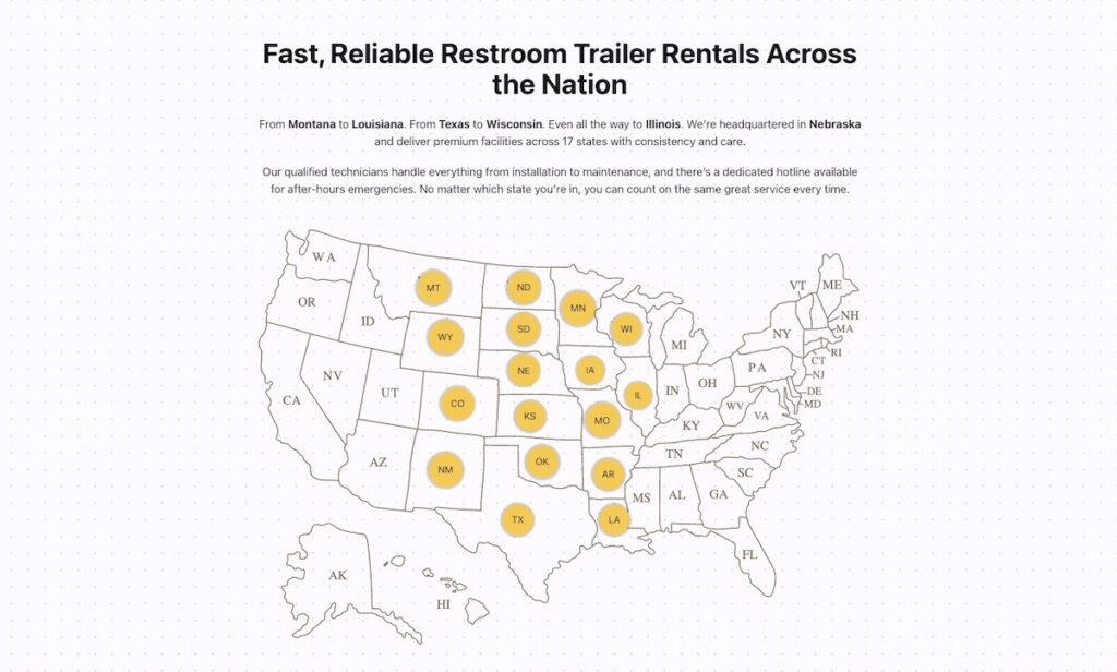Map of the united states highlighting 12 midwest and southern states where professional restroom rental services are offered, with a service area description above for convenient event restroom solutions.