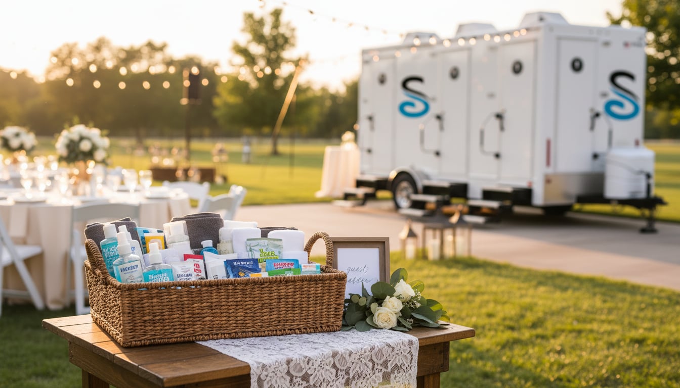 Luxury Stahla restroom trailer exterior at a wedding venue with string lights and elegant decor complementing guest comfort amenities