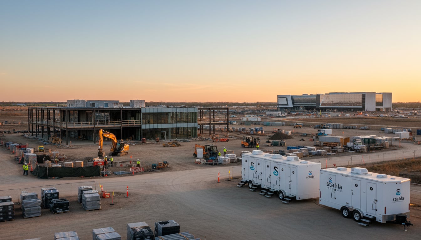 Multiple Stahla restroom trailers and a shower trailer arranged in a clean staging area at a tech campus construction site