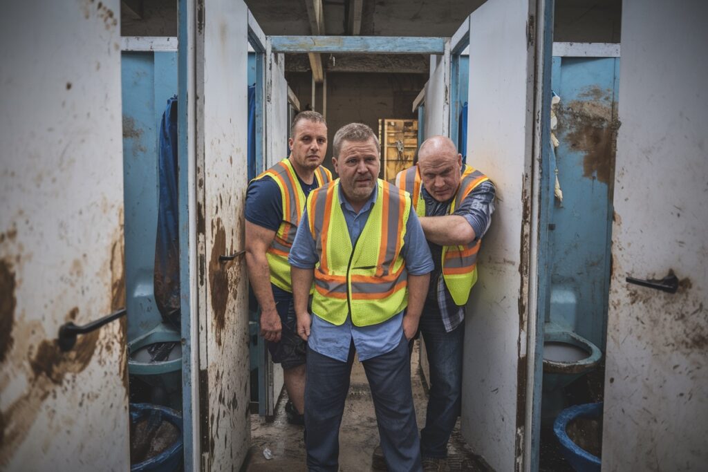 three men wearing safety vests stand inside a rundown, dirty restroom with white doors and blue walls, illustrating the hidden costs often overlooked on construction sites.