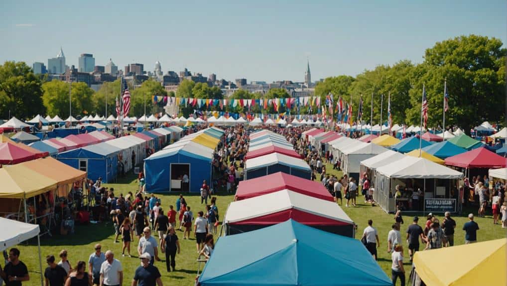 outdoor festival with colorful tents and bustling crowds, city skyline in the background, featuring large capacity restroom trailers.