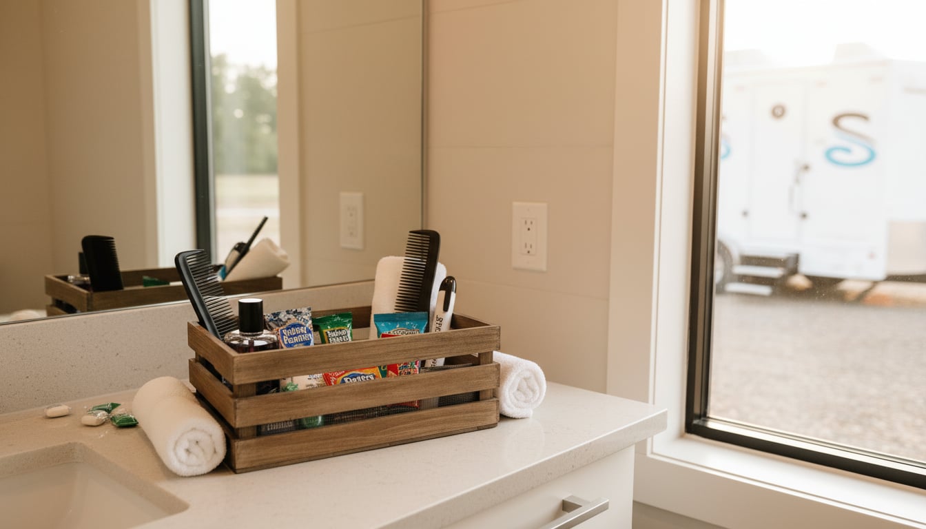 Men's wedding bathroom basket with cologne sample hair comb breath mints and stain remover pen on a clean countertop