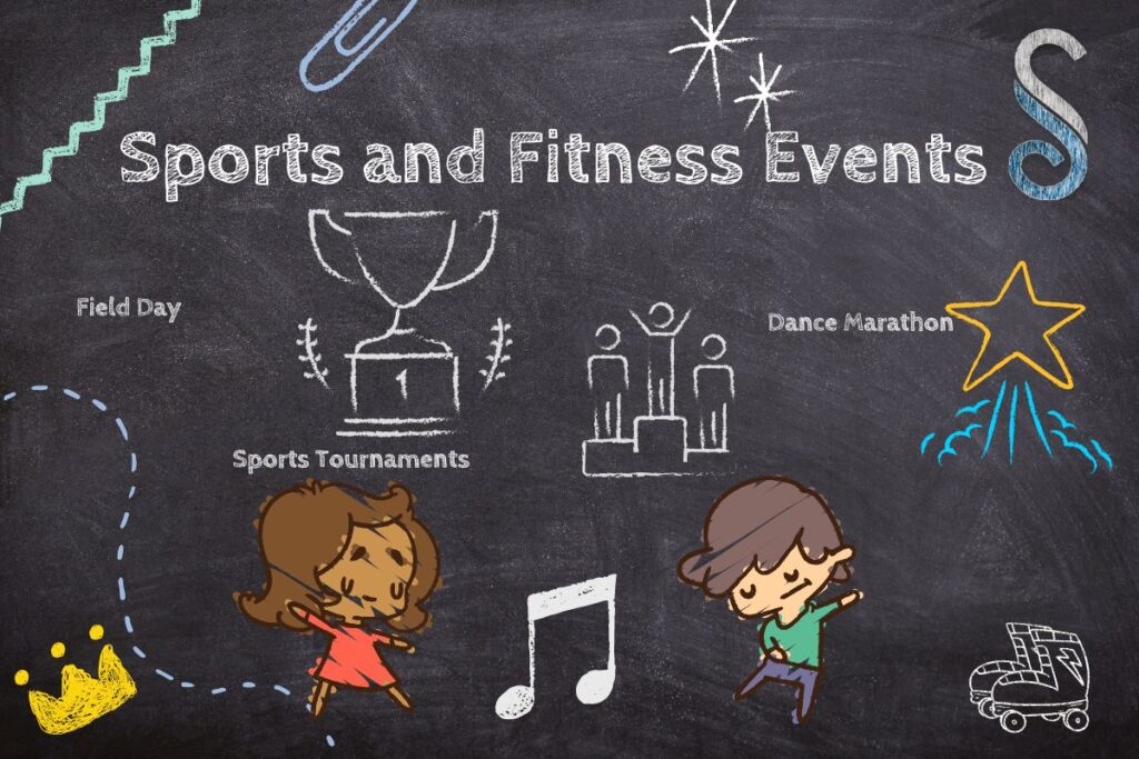 hand drawn chalkboard illustration titled "sports and fitness events" featuring school event ideas like field day, sports tournaments, and a dance marathon, with cartoon characters engaging in sports.