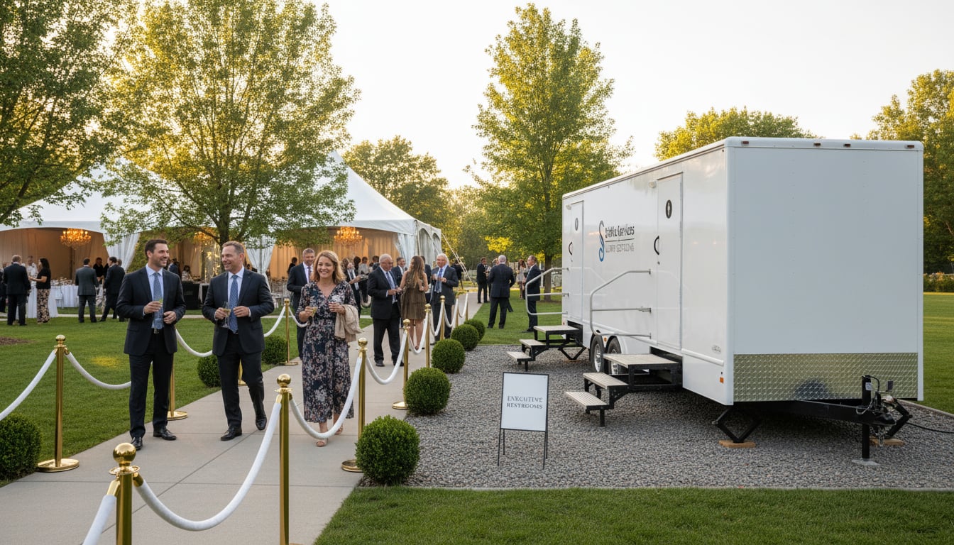 Professional restroom trailer setup at corporate outdoor event with clear signage and accessible pathways