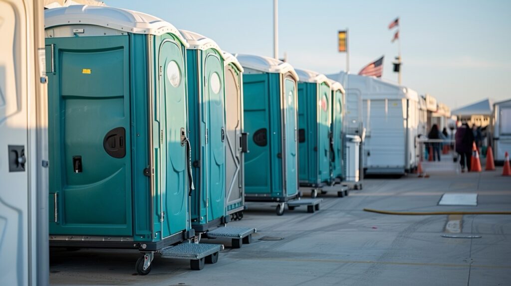 a row of portable toilets, including handicap friendly options, is set up outdoors. in the background, several people and vehicles are visible, with flags flying in the distance—an ideal setup for outdoor events requiring reliable toilet rentals.