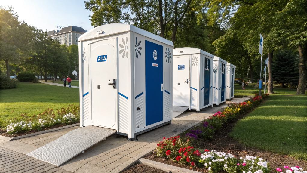 A Row Of Restroom Trailers With Wheelchair Accessibility Ramps Stands Amidst The Lush Greenery And Blooming Flowers In A Park Setting, Ideally Suited To Guide Guests At Any Event Comfortably.