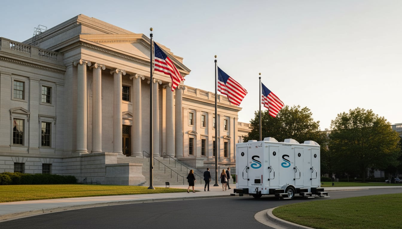 Luxury restroom trailer positioned outside a large federal government building with American flags, ready for a government event