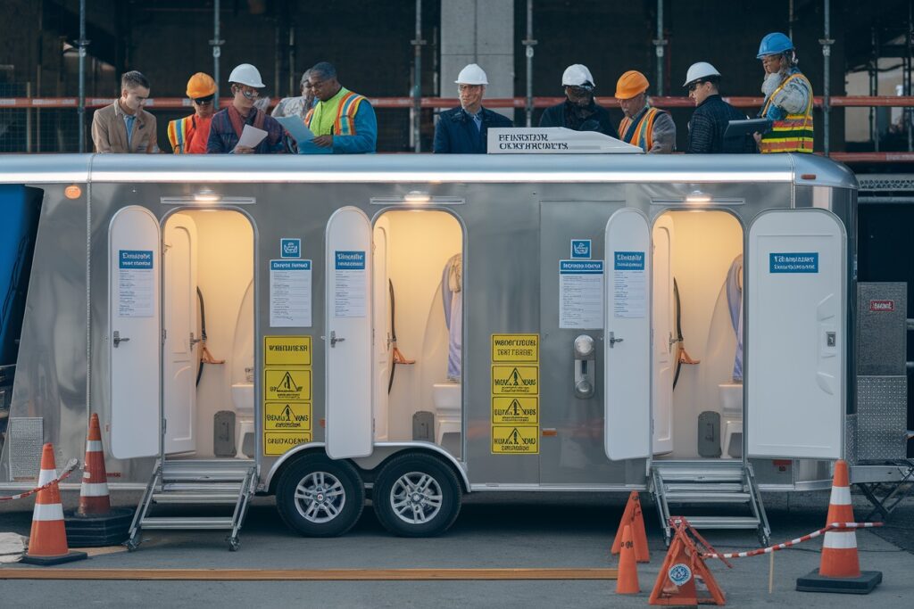 a mobile shower trailer with open doors stands amidst construction workers in safety gear, while cones mark the area. this setup showcases the practicality of a restroom trailer on job sites, offering essential comfort and convenience.