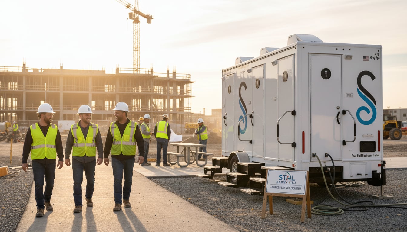 Eight-station shower trailer setup at large construction site with proper utility connections