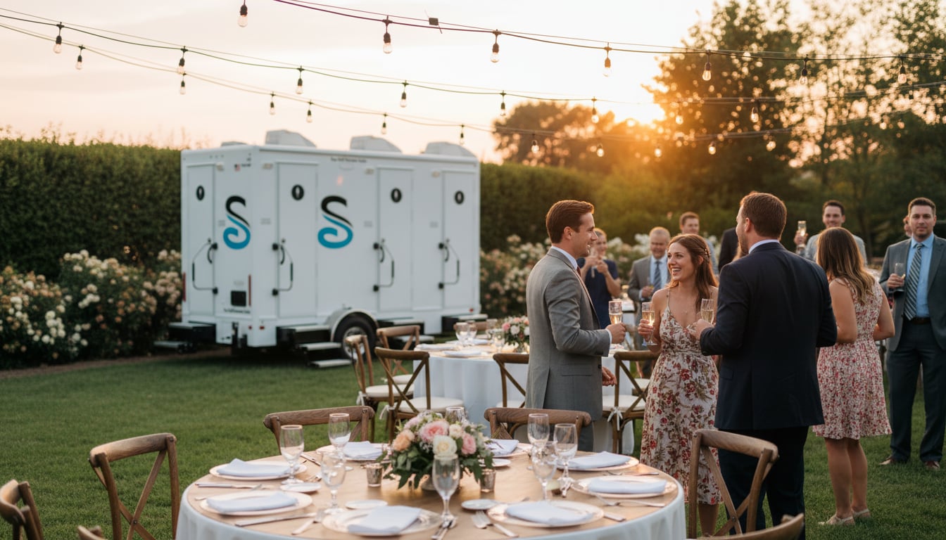 Luxury Stahla restroom trailer parked at an elegant outdoor wedding venue with string lights in the background