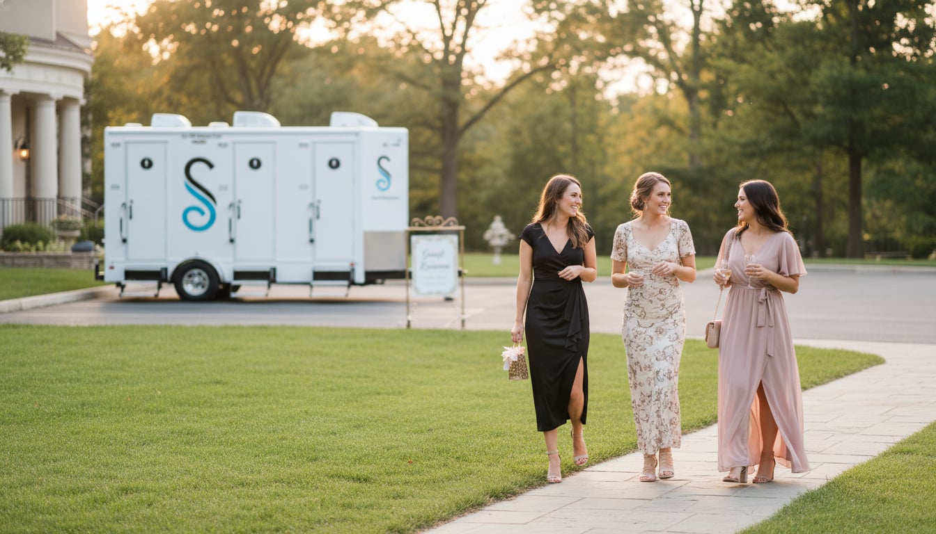 Interior view of elegant restroom trailer showing modern fixtures and lighting suitable for bridal shower celebration