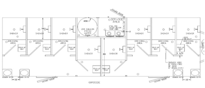 Architectural blueprint of a building's shower and dressing areas.
