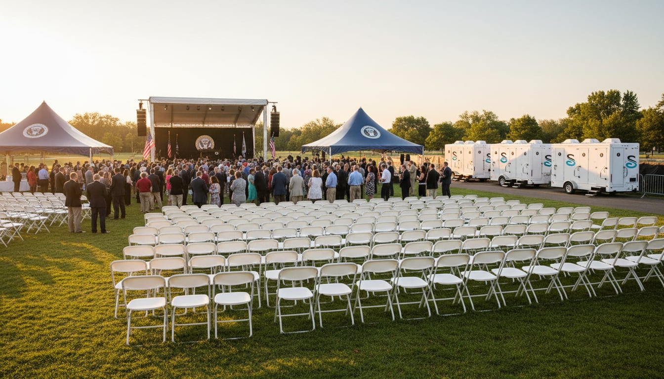 Professional restroom trailer fleet lined up at a large-scale government outdoor ceremony with tents and seating