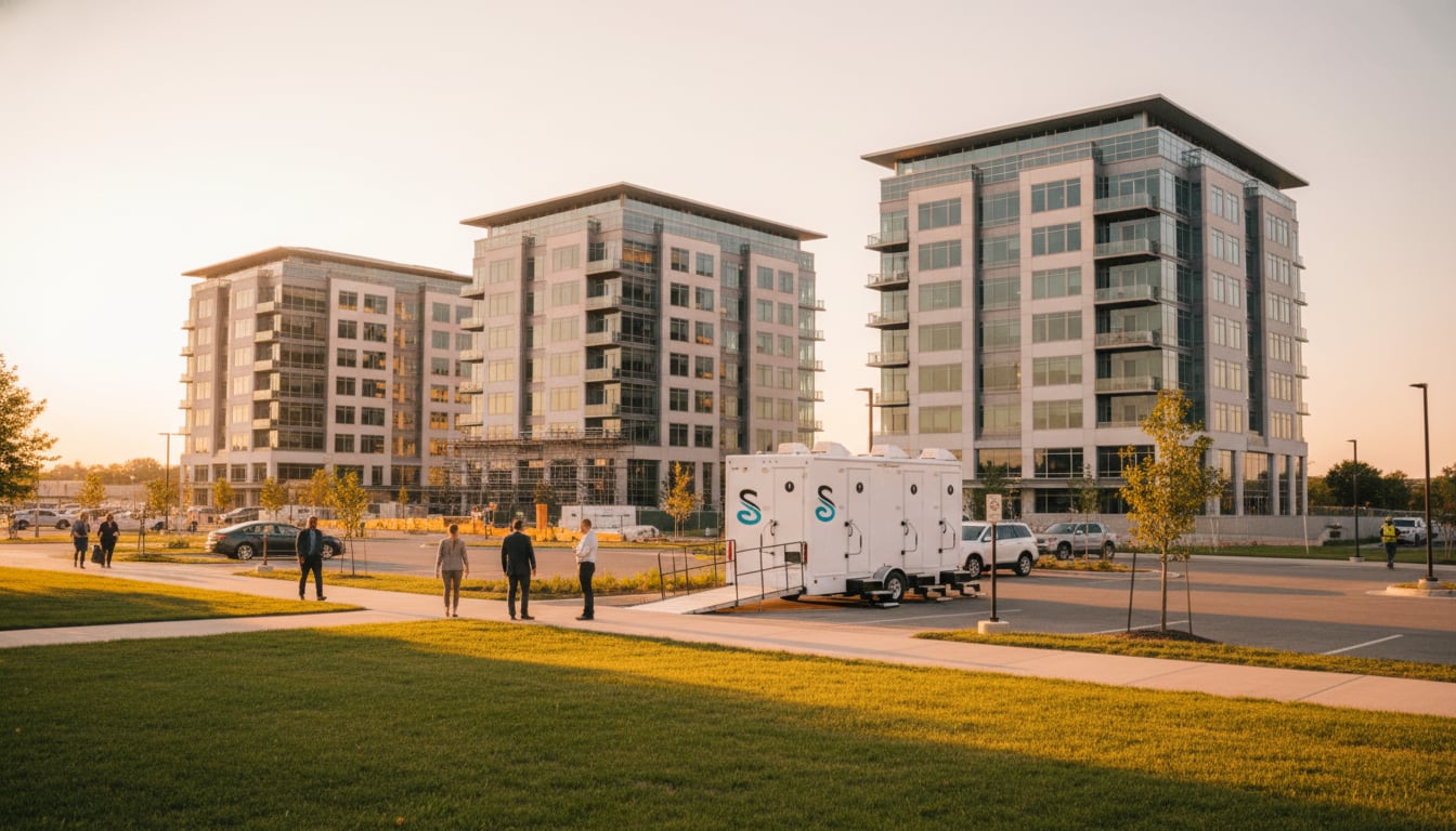 Multi-building commercial campus with temporary restroom facilities serving tenants during maintenance