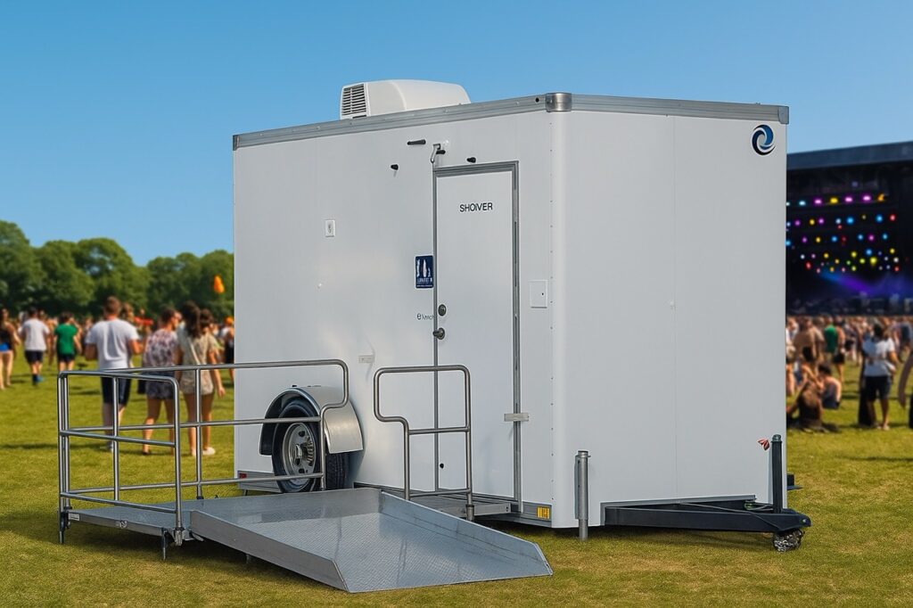 A portable restroom and shower trailer with an accessibility ramp is set up on grass at an outdoor event with people gathered in the background.