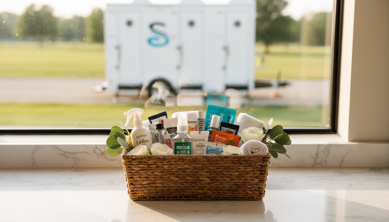 Elegant wedding bathroom basket filled with travel-size toiletries and fresh flowers on a marble countertop inside a luxury restroom trailer