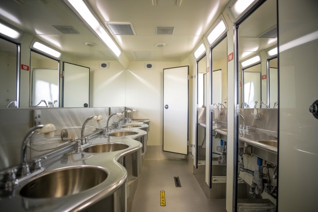 the interior of a spotless restroom trailer features metal sinks, mirrors, and a white door. bright, fluorescent lighting enhances the clean ambiance.