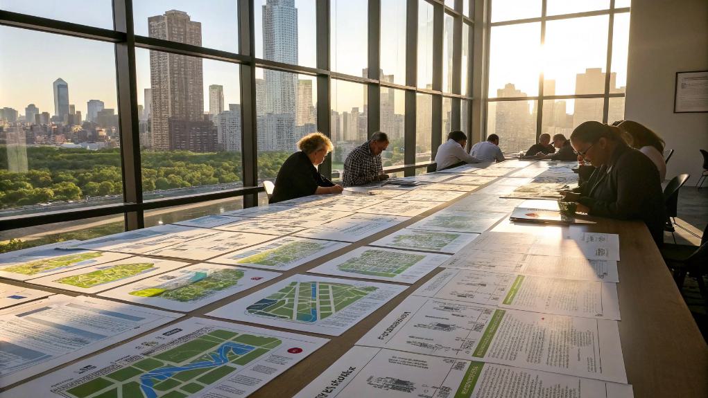 People Reviewing Documents On A Long Table With A City Skyline And Park Visible Through Large Windows, Discussing Crucial Wedding Venue Zoning Regulations.