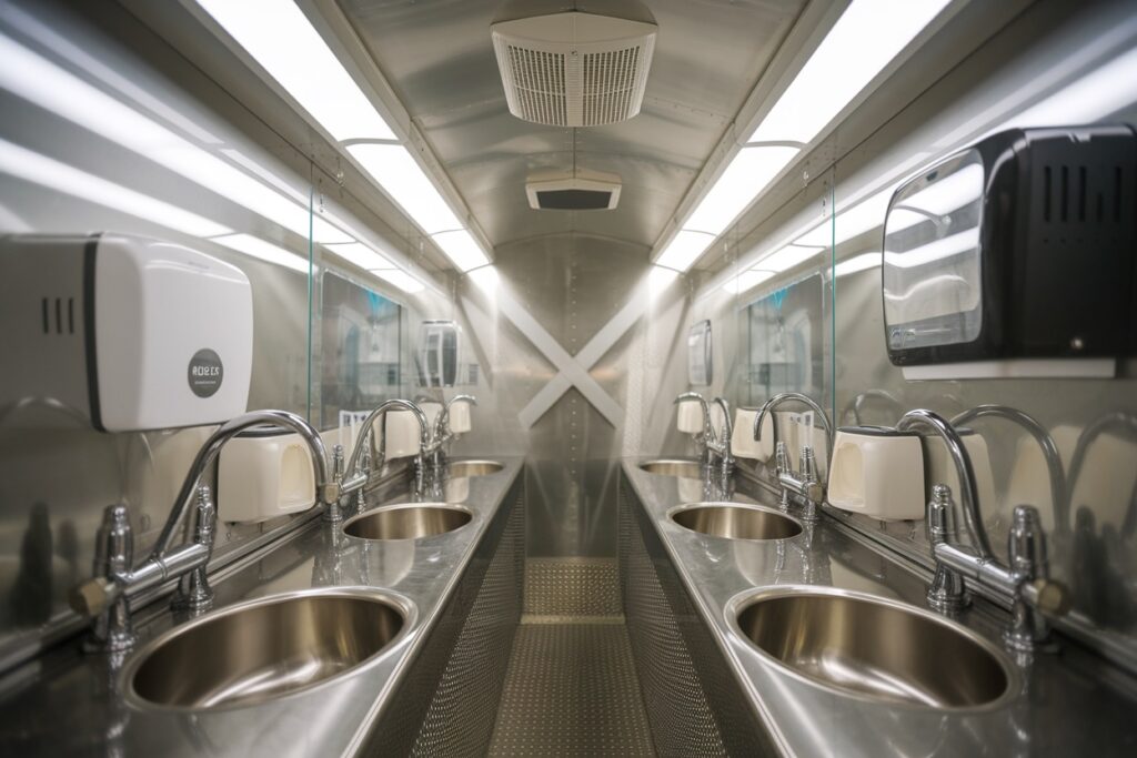 a row of stainless steel sinks with mirrors and soap dispensers gleams in the clean, well lit restroom trailer.