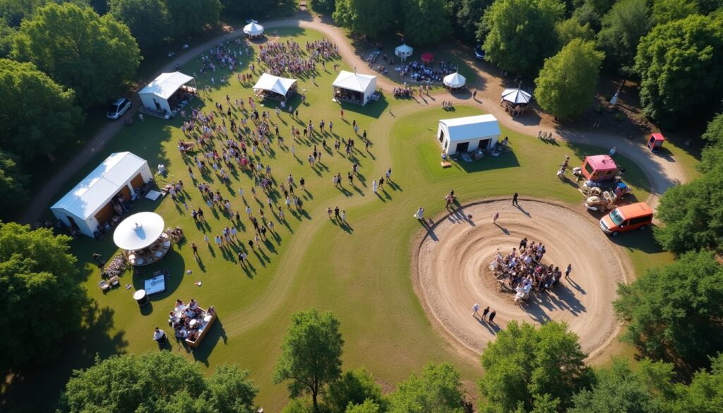 Aerial view of an outdoor event with groups gathered around tents and tables on a grassy field surrounded by trees—perfect for summer 2026 celebrations and peak season planning with premium restroom trailers onsite.