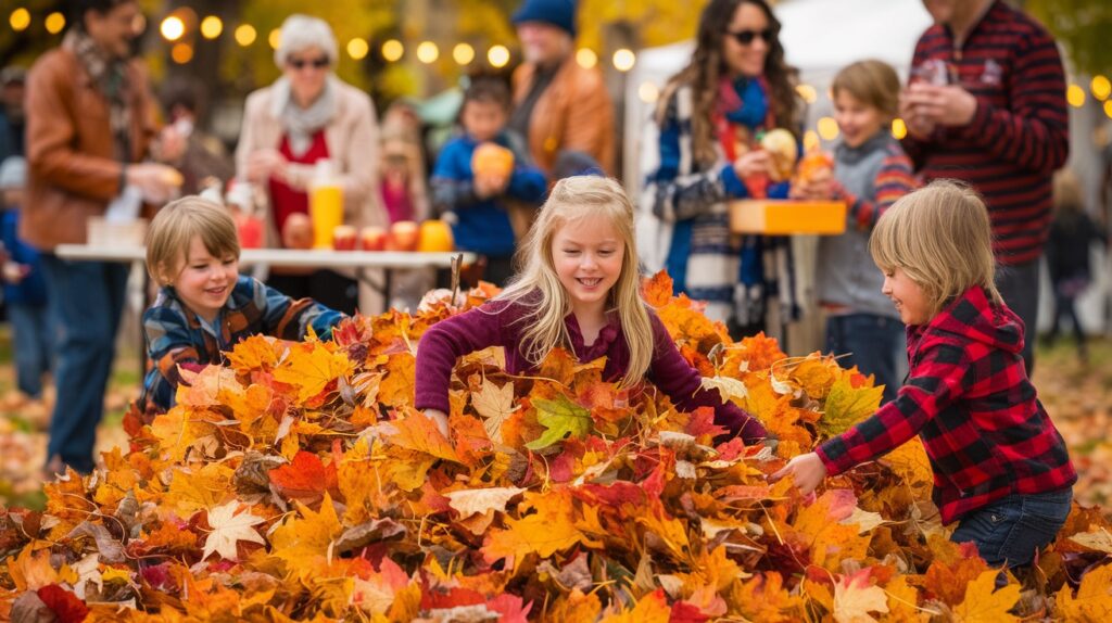 three children play in a pile of autumn leaves at an outdoor event, showcasing one of the best fall event ideas. in the background, adults are socializing near a table with food and drinks, enjoying the vibrant autumn season.