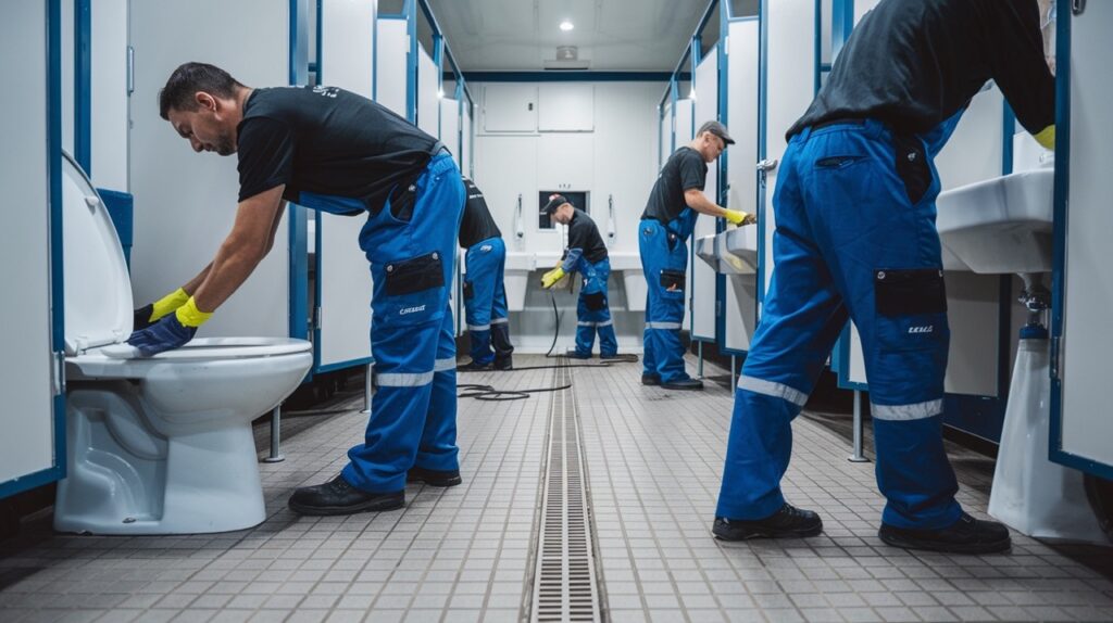 four workers in blue uniforms and gloves clean toilets and sinks in a lined restroom trailer with tiled floors.