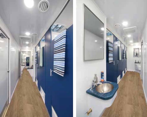 Modern trailer interior, hallway and bathroom.