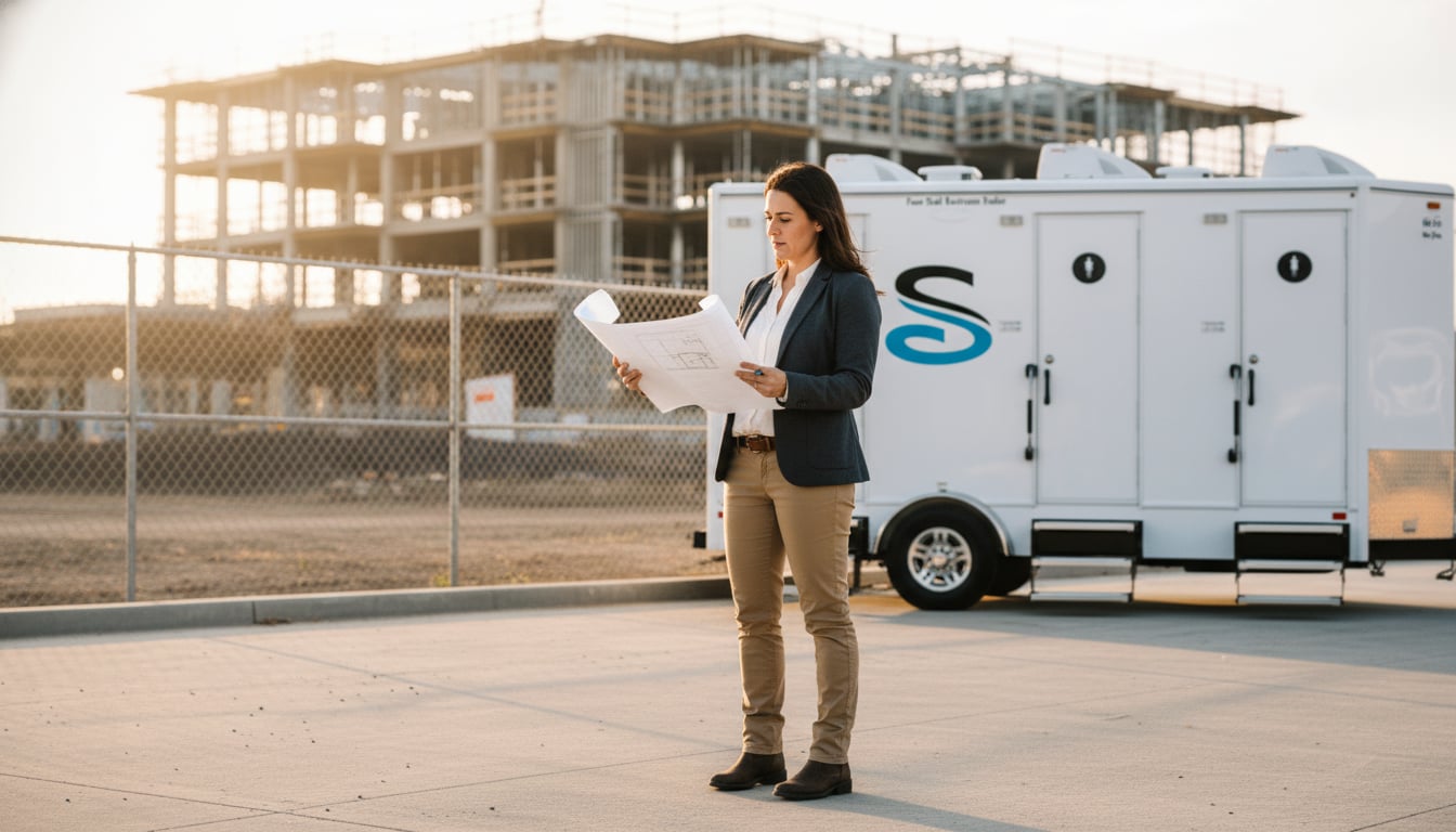 Property manager reviewing building facilities plan on clipboard near modern restroom trailer
