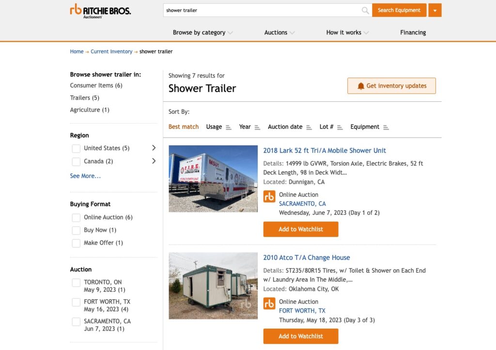 Online auction site displaying mobile shower and change trailers.