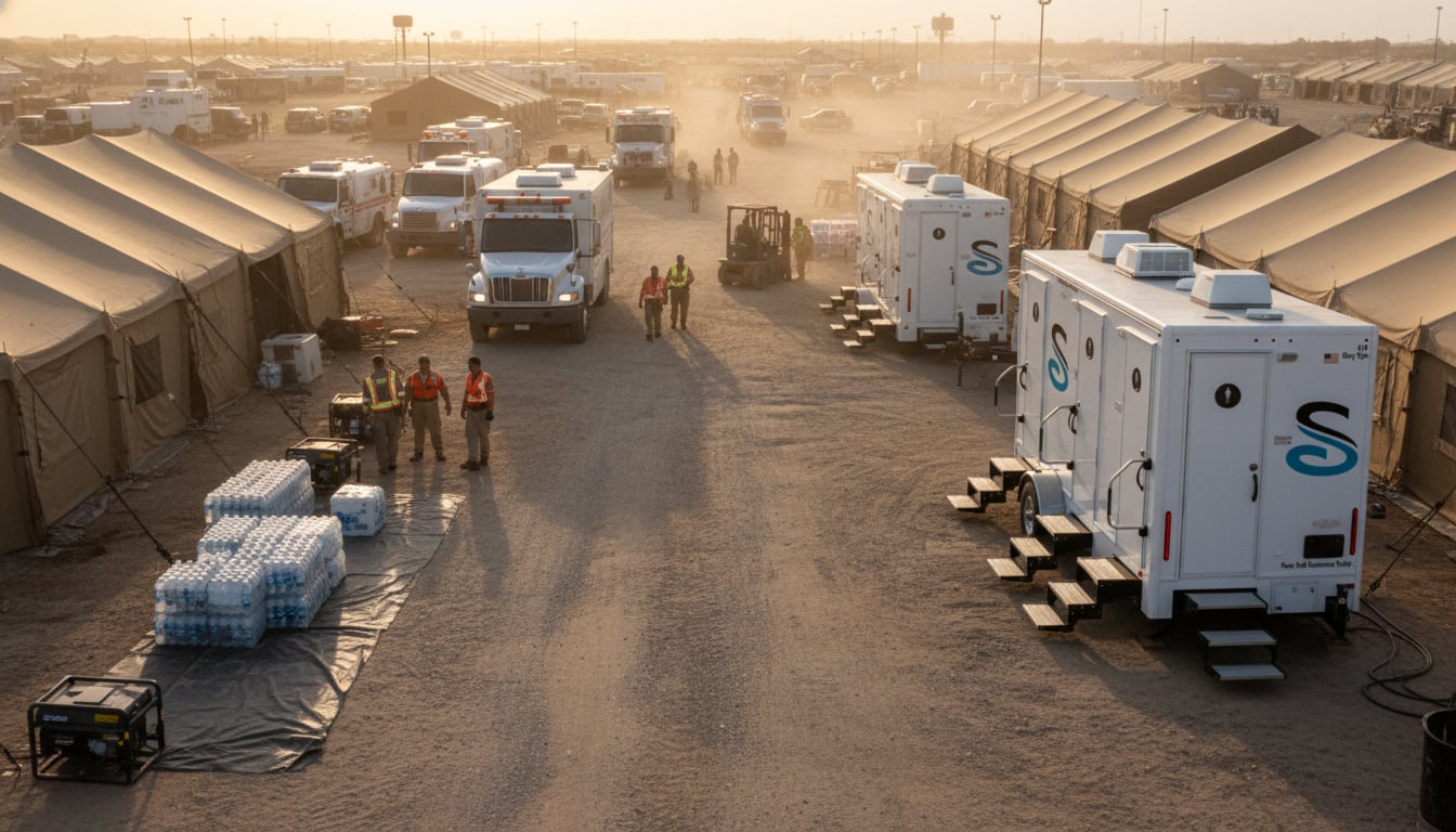 FEMA disaster staging area with restroom trailers and emergency vehicles providing sanitation facilities after a natural disaster