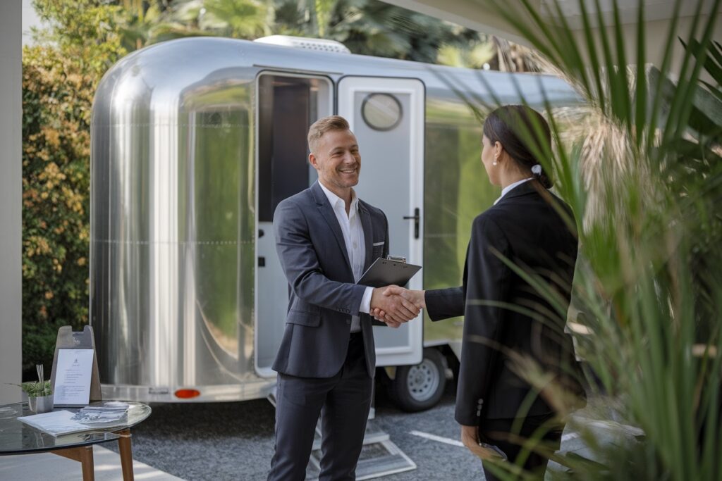 two people in formal attire shake hands outdoors near a sleek used restroom trailer, with a clipboard on a nearby table, perhaps finalizing details from a buying guide.