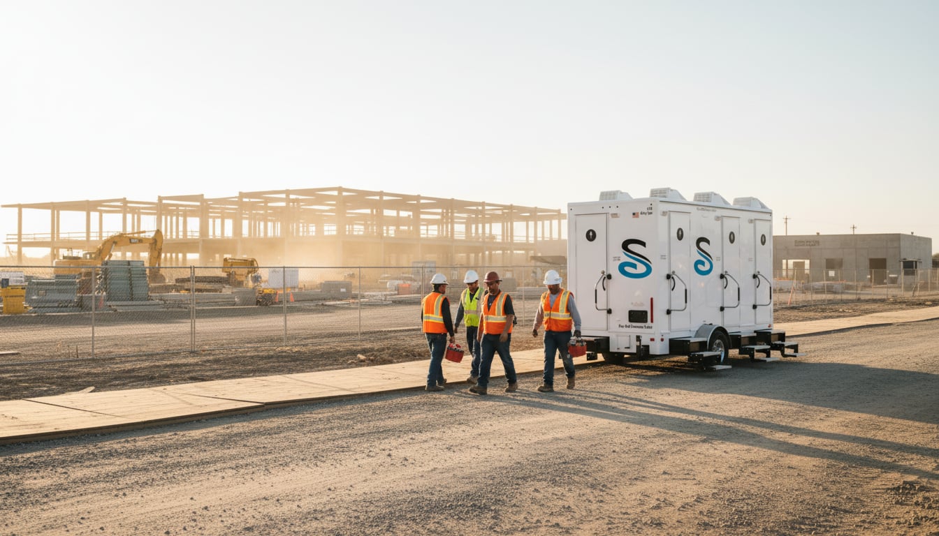 Exterior of a Stahla shower trailer with workers heading toward the entrance at a large infrastructure construction project
